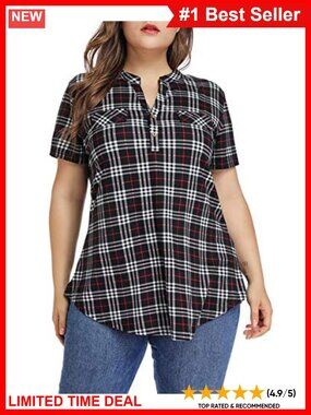 Plus Size Plaid Tunic Top Button Down Short Sleeve Mandarin Collar